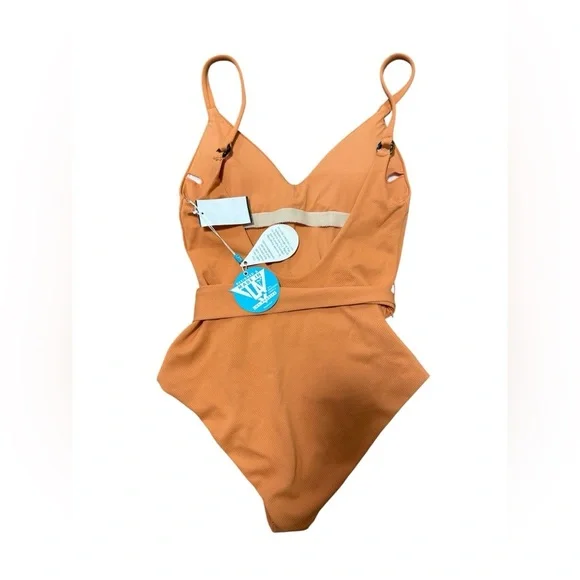NWT WET Athena One Piece V Neck belted Swimsuit Scoop Back In Terracotta Small - Picture 5 of 5